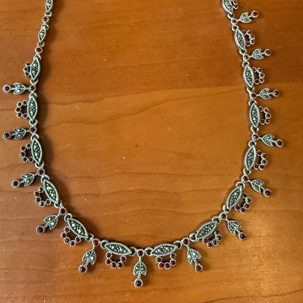 Elegant Sterling Silver and Red Crystal Necklace, Floral, Flowers, Marcasite 18”